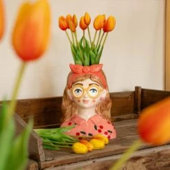 Vase Jessie Bow + 10x Real Touch Tulips Orange
